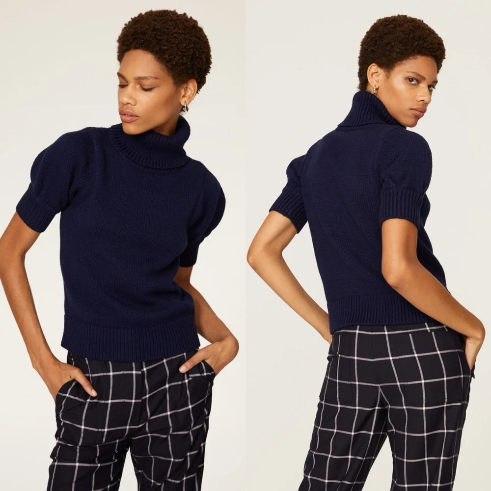 Adam Lippes Collective Navy Blue Puff Sleeve Turtleneck Sweater Size M - Picture 1 of 9